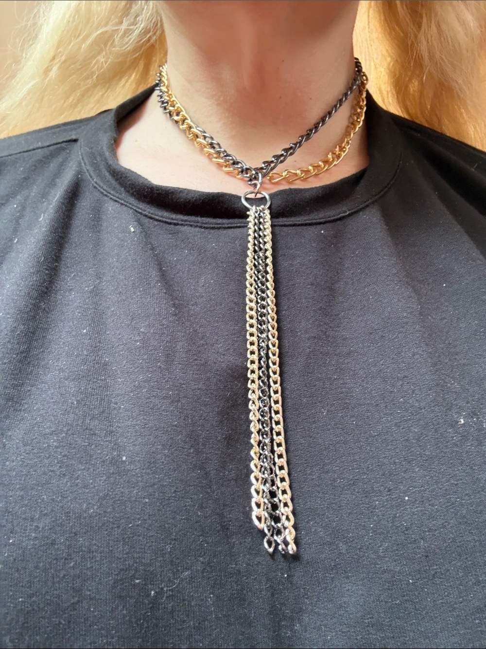 Hand-Crafted Two-Tone Gold & Black Chain Tassel Necklace - Women Jewelry